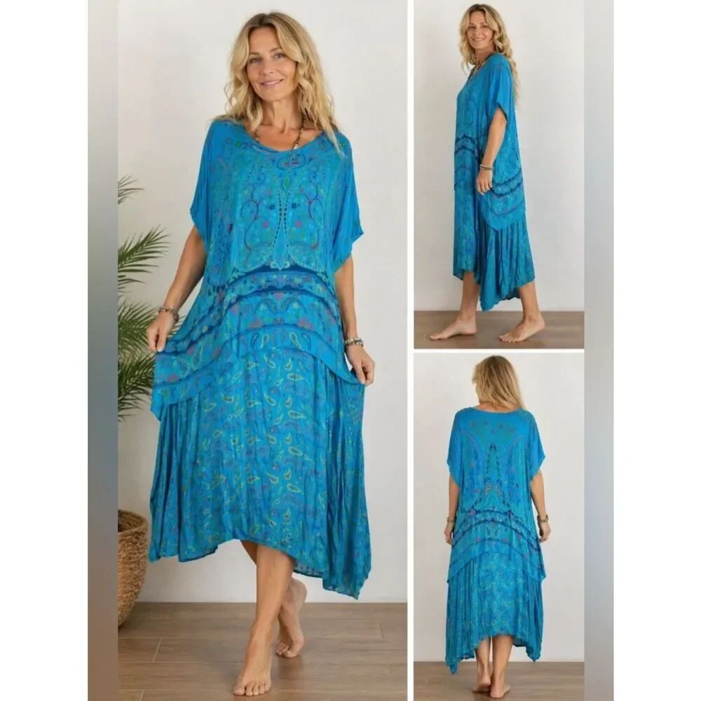 Allison Woods Bohemian Maxi Dress Size B4/ US XL Turquoise Paisley